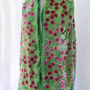 Hand Painted Silk Velvet Devoré Scarf of Floral Gingko Leaves, Burnout Shawl, Wrap, in Pink and Green, Washable