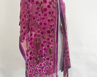 Hand Painted Silk Velvet Devoré Scarf of Floral Red Roses, Burnout Shawl, Wrap, Washable