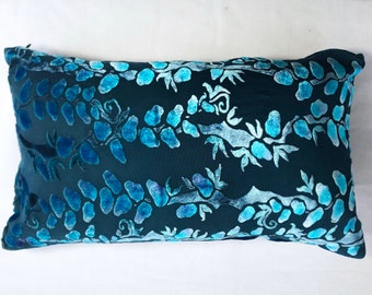 Burnout Silk Velvet Boho One of a Kind Hand Painted Accent Decorative Cushion Pillow in aqua Turquoise with Ombré Reverse. Washable. 12"x20"