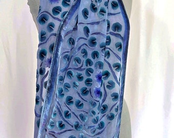 Hand Painted Silk Velvet Scarf, Dyed Gray, Lily pads with Water Lilies, 13"x60" Washable, Gift