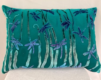 Silk Velvet Rectangular Accent Pillow in Turquoise with Hand Painted Dragonflies and Ombré Reverse. Washable. 12"x18"