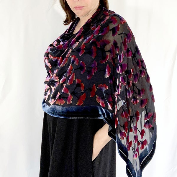 Burnout Silk Velvet Poncho Shawl Scarf Hand Painted, Hand Dyed in Black with Floral Red, washable, One Size