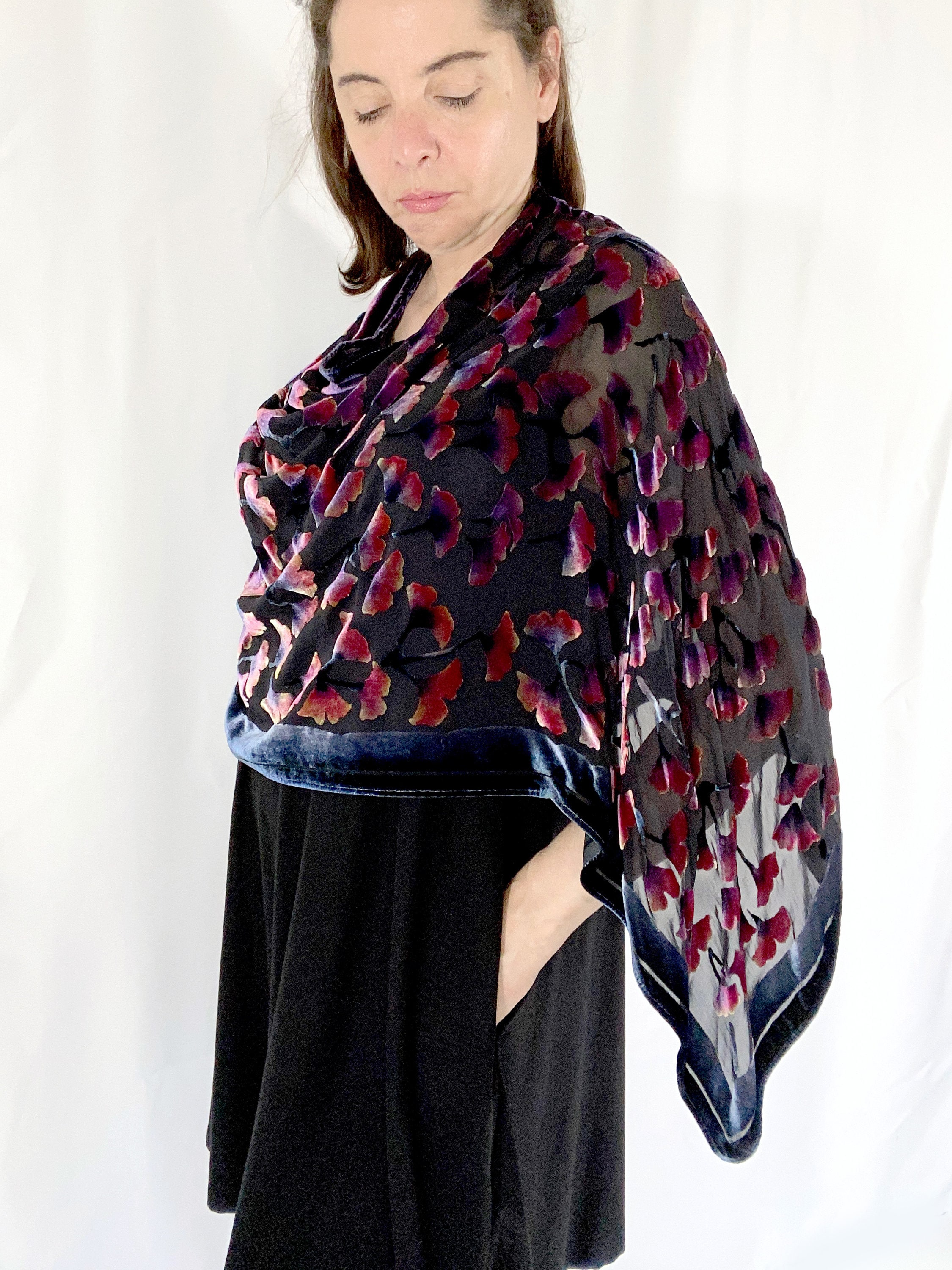 Burnout Silk Velvet Poncho Shawl Scarf 