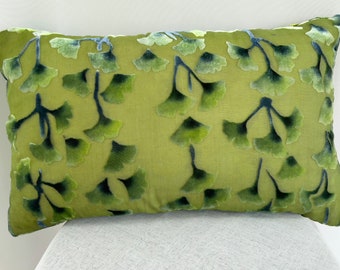 Chartreuse Green Silk Velvet Decorative Ginkgo Leaf Throw Pillow with Hand Painted Boho Style. Ombré Solid Reverse. Washable. 12"x18"