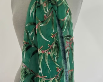 Burnout Silk Velvet Scarf with Hand Painted Eucalyptus Leaves. Washable. Gift for her