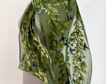 Burnout Silk Velvet Scarf in Spring Green with Hand Painted Hummingbirds. Washable