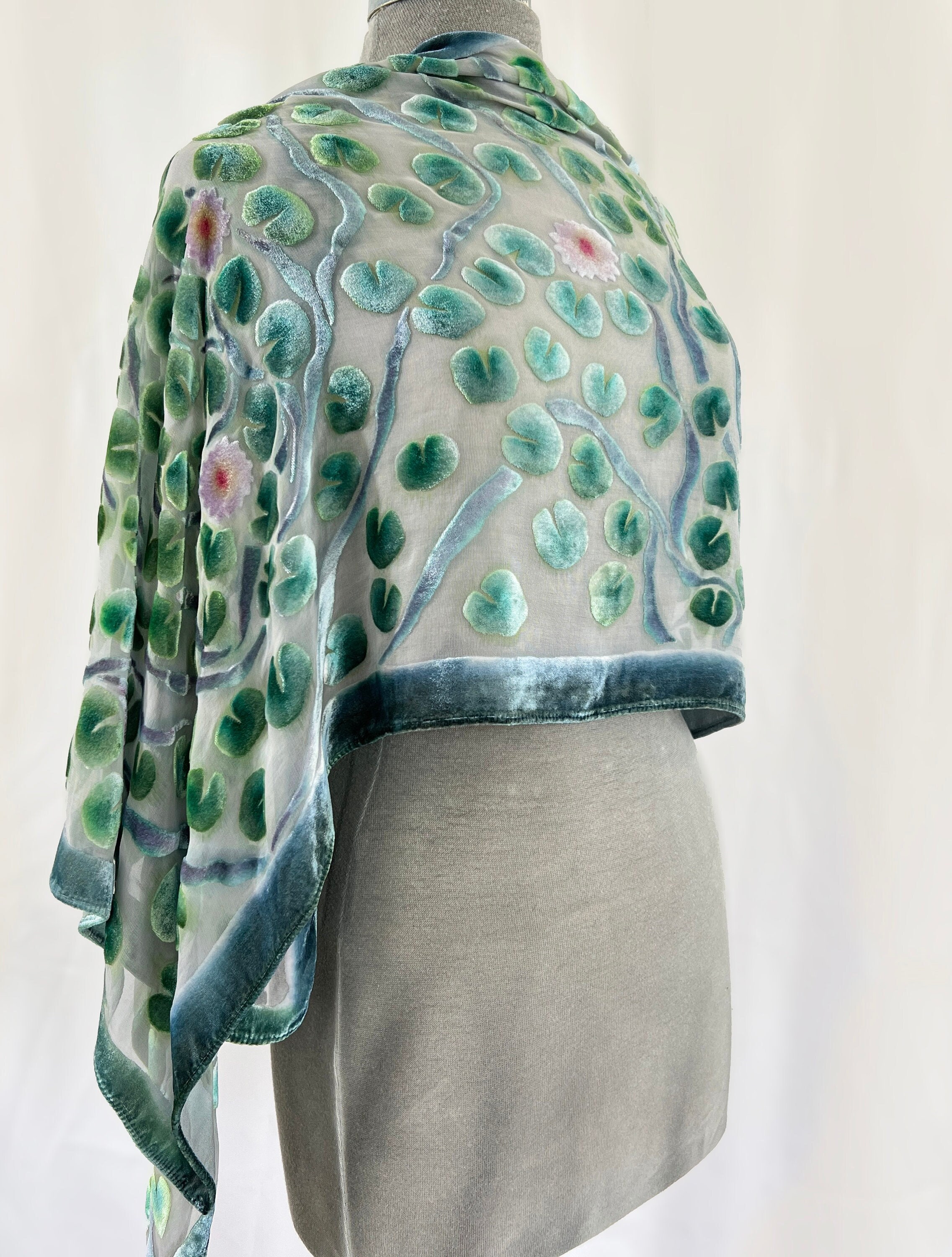 Ivory Scarf Shawl with Hand Dyed Silk Chiffon and Hand Painted velvet WaterLilies