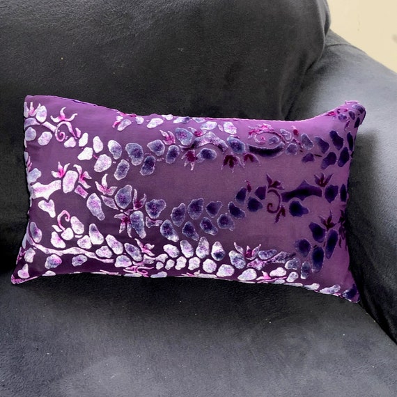 Burnout Velvet Boho One of a Kind Hand Painted Accent Pillow in Dusty Purple with Ombré Reverse. Luxurious Silk Velvet. Washable. 12"x20"