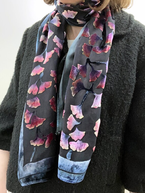 Hand Painted Silk Scarf of Gingko Leaves, Burnout Velvet Shawl, Hand  Painted With Dyes so It Looks Floral. 