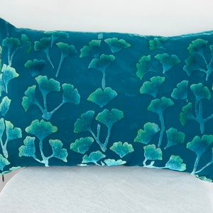 Teal Turquoise Silk Velvet Decorative Gingko Leaf Throw Pillow with Hand Painted Boho Style. Ombré Solid Reverse. Washable. 12&quot;x20&quot;