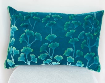 Teal Turquoise Silk Velvet Decorative Gingko Leaf Throw Pillow with Hand Painted Boho Style. Ombré Solid Reverse. Washable. 12"x18”