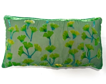 Gingko Leaves Boho hand Painted Silk Velvet throw pillow, One of a Kind Accent Pillow. Ombré Green Reverse Side. Washable. 12"x18”