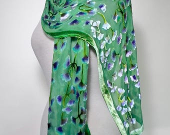 Burnout Silk Velvet Hand Painted Gingko Leaves in green, Oblong, Washable, 13"x60" Gift for Mom