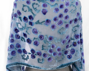 Hand Painted Silk Velvet Devoré Scarf of Floral or Roses, Burnout Shawl, Wrap, Gray and Purple, Washable
