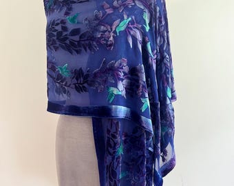 Hummingbirds Hand Painted Silk Velvet Devoré Scarf or Shawl, Wrap, in purple, Washable
