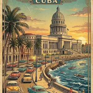 Vintage Havana Cuba Travel Poster | Retro Havana Poster | Cuban Wall Art | Cuban Decor | Havana Print | Latin Art Nostalgia