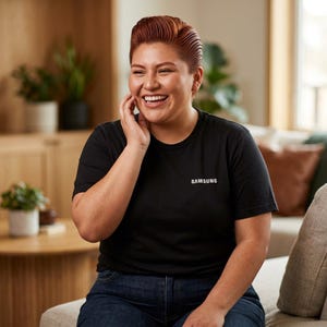 Puede incluir: Una persona con una camiseta negra con la palabra "SAMSUNG" impresa en blanco. La persona está sonriendo y usando jeans azules. El fondo incluye plantas y un sofá.
