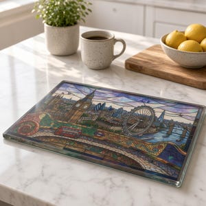Stained Glass London Skyline Glass Cutting Board | Big Ben, London Eye, Double-Decker Bus