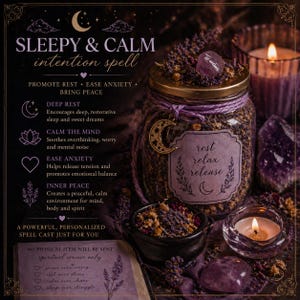 May include: A jar filled with dried herbs and a crystal, labeled "rest relax release". The image features text promoting a "Sleepy & Calm intention spell" for rest, anxiety relief, and peace. A lit candle and crystals are also present, creating a calming aesthetic.