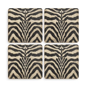 May include: A set of four square coasters featuring a repeating black and beige zebra stripe pattern. Each coaster has rounded corners and displays a symmetrical, centered design with dark stripes radiating outward from the middle of the surface.