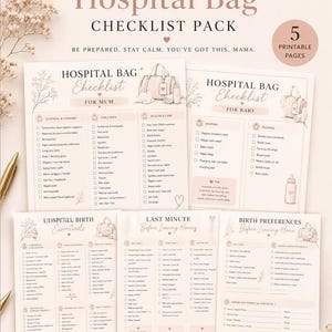 May include: A printable hospital bag checklist pack with five pages. The text includes "Ultimate Hospital Bag Checklist Pack" and checklists for mum, baby, Udspiall birth essentials, last minute, and birth preferences. The design is in soft pink tones.