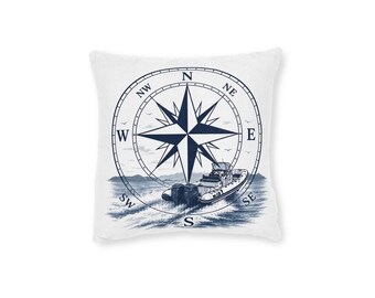 Cushion Nautical Compass Rose with Ship Pillow | Square Pillow