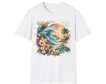 Tropical Surf Wave T-Shirt | Sunset Palm Hibiscus Beach Scene