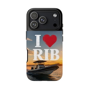 May include: Black phone case featuring the text "I ❤️ RIB" in white with a red heart. The design includes a boat on the water with a sunset background. The case is designed for a smartphone.