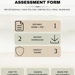 Op de afbeelding: Een Interview Assessment Form document sjabloon met de tekst: INTERVIEW ASSESSMENT FORM, PRFOFESSIONALLY DRAFTED FOR CORPORATES & SMALL BUSINESSES, EDITABLE WORD + PDF, INSTANT DOWNLOAD, LEGALLY SOUND, EASY TO CUSTOMIZE, CLEAR & STRAIGHTFORWARD, MADE FOR ANY BUSINESS.