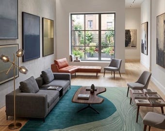 Tapete abstrato moderno, tapete verde-azulado, tapete contemporâneo para sala de estar, tapete de designer de luxo, tapete para quarto, tapete de chão feito à mão