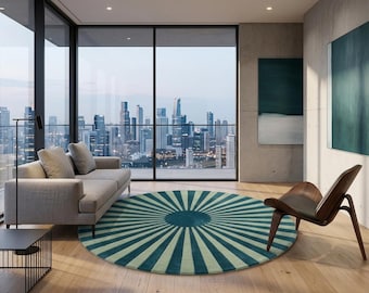Round Sunburst Area Rug, 4x4 5x5 6x6 7x7ft Teal Blue Modern Round Rug, Geometric Circle Carpet Living Room Rug, Bedroom Decor, Abstract Rug