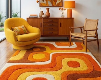 Alfombra retro de pelo largo de mediados de siglo: alfombra geométrica de los años 70 en naranja y amarillo, alfombra vintage de felpa para sala de estar y decoración bohemia.