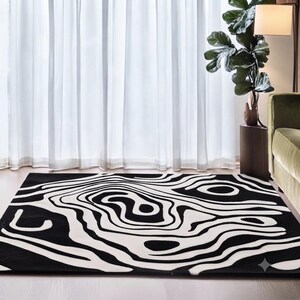 Black White Abstract Rug, Modern Hand Tufted Wool Area Rug, Contemporary Organic Pattern Carpet, Living Room Bedroom Decor