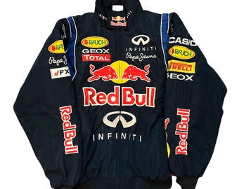 Red Bull Racing F1 Jacke, Vintage-Style bestickte Motorsport-Bomberjacke, Marineblau, Unisex Y2K Streetwear