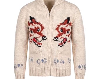 Wolf Cardigan Hand Knit Wool Sweater Mary Maxim Inspired Nordic Canadian Zip Up Knitwear
