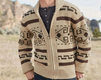 Veste-pull cardigan zippée vintage en maille jacquard géométrique pour hommes