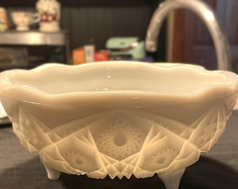 Antike McKee Milchglasschale - Star & Cane Pattern Footed Dish Pres Cut