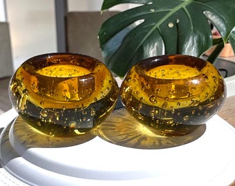 Par de portavelas votivos de cristal artístico Bullicante color ámbar vintage – Portavelas de cristal de estudio pesado