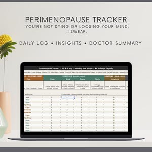 Może przedstawiać: Laptop z arkuszem kalkulacyjnym śledzenia perimenopauzy. Ekran pokazuje kolumny dla dziennych logów, spostrzeżeń i podsumowań lekarzy. Tekst na górze brzmi: „PERIMENOPAUSE TRACKER YOU'RE NOT DYING OR LOOSING YOUR MIND, I SWEAR.”
