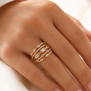 Gold Statement Ring 18K Gold Plated Stainless Steel Natural Stone Multi Row Stacked Look Ring Gift for Her