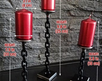 Juego de portavelas industriales – Candelabros de cadena de metal hechos a mano – Decoración rústica moderna para el hogar – Soporte para velas de acero negro