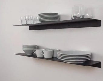 Industrial Floating Metal Shelf – Minimal Black Steel Wall Shelf – Modern Kitchen & Home Storage – Handmade