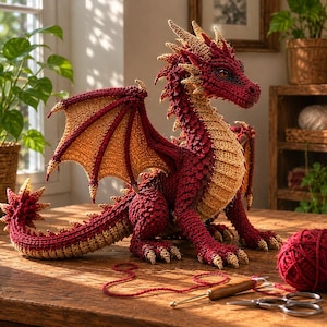 Può includere: Un drago all'uncinetto fatto a mano nei toni del rosso e dell'oro. Il drago presenta squame dettagliate, ali e una lunga coda. Il drago è su un tavolo di legno, con un gomitolo di filo rosso, un uncinetto e delle forbici nelle vicinanze.