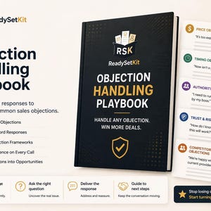 May include: A black and gold "Objection Handling Playbook" book by ReadySetKit. The book cover features the title in large, bold letters. Additional cards list common sales objections, including price, timing, and authority objections.