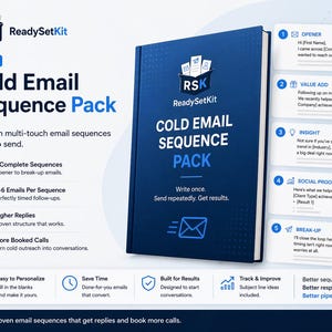 May include: A dark blue book titled "Cold Email Sequence Pack" by ReadySetKit. The cover features the company logo and an email icon. The book promises 5 email sequences, higher replies, and more booked calls. Additional text describes the product's features.