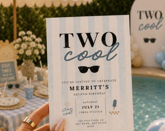 Two Cool Birthday Invitation Template, Boy Pool Party Invite, 2nd Birthday Invitation, Editable Invitation