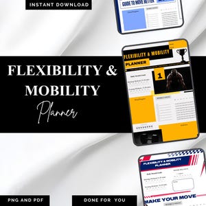 Könnte beinhalten: Ein digitaler Planer mit dem Titel "Flexibilität & Mobilität Planner" mit schwarzem Hintergrund und weißem Text. Das Bild zeigt drei digitale Planerseiten mit gelben und blauen Akzenten und dem Text "Sofort-Download", "PNG und PDF" und "Für Sie erledigt".
