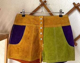 ヴィンテージ70年代パッチワークスエードホットパンツカラーブロックショート