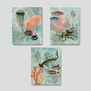 Set of 3-8 x 10&#39;s Underwater Sea Life Wall Art Prints UNFRAMED, Ocean Theme Bathroom Décor, Vintage Collage, Marine Animals