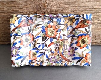 Porcelain Chintz Trinket Dish, Orange Blue Flowers & Birds